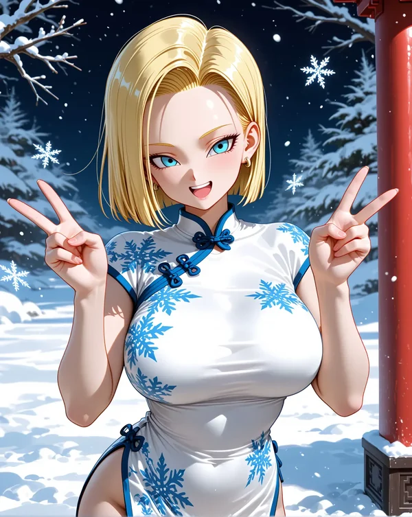Erwachsene Anime-Figur mit blondem Bob und blau-weißem Blumen-Outfit