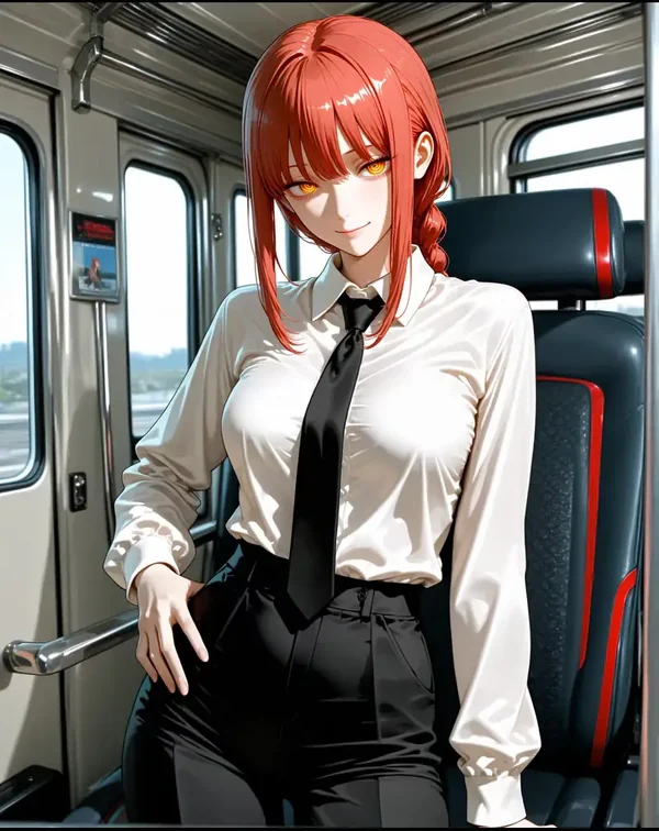 Erwachsene Anime-Figur mit rotem Haar, weißem Hemd und schwarzer Krawatte