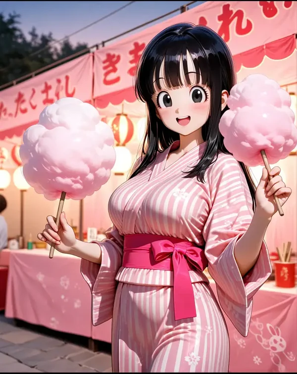 Erwachsene Anime-Figur mit dunklem Haar unter blühenden Bäumen