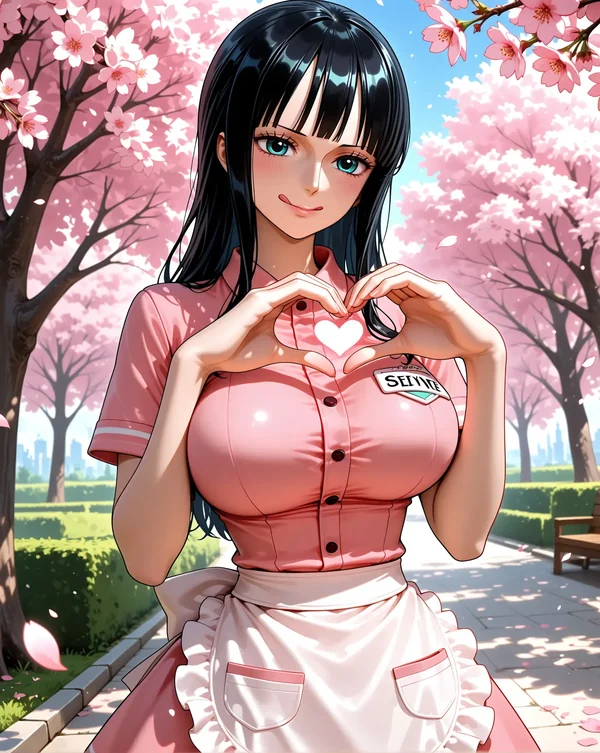 Erwachsene Anime-Figur mit schwarzem Haar unter Kirschblüten