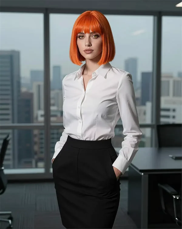 Fiktive Rothaarige mit Bob und weißer Bluse im Büro