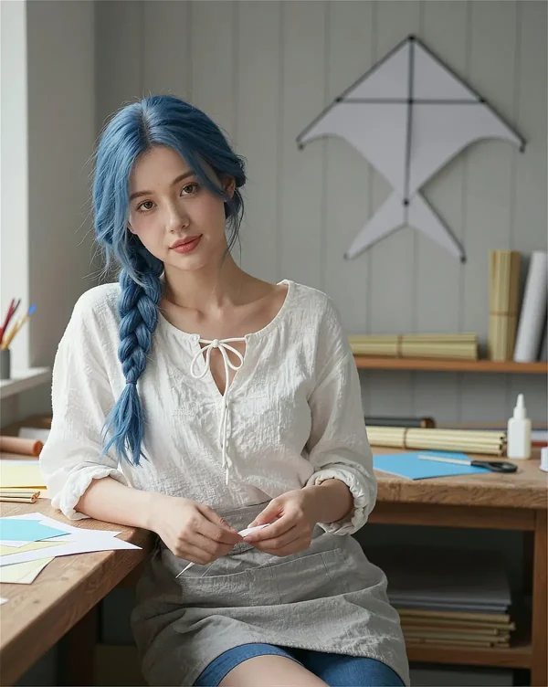Fiktive Frau mit blauem Haar und weißer Bluse am Schreibtisch